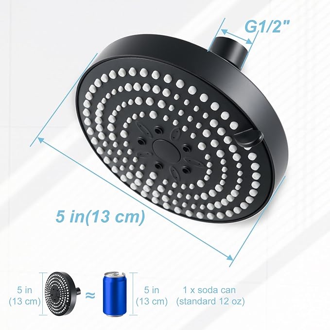 OFFO Shower Head, High Pressure Shower Head with 6 Mode, Fixed Showerheads for Strong Water Flow & Relaxing Shower Experience, Matte Black