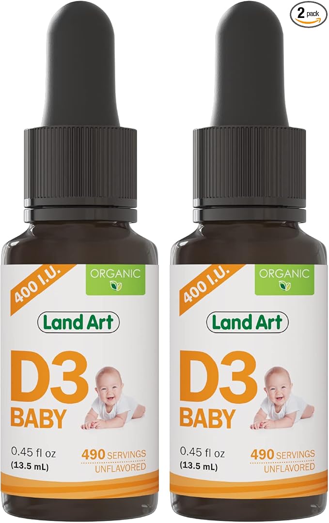 Land Art - Certified Organic Vitamin D3 Drops Baby – 400 IU per Drop – 490 Servings – Supports Bone & Teeth Development – Vitamin D Drops for Infants & Toddlers – GMO-Free - Gluten-Free – 2x0.45 fl oz