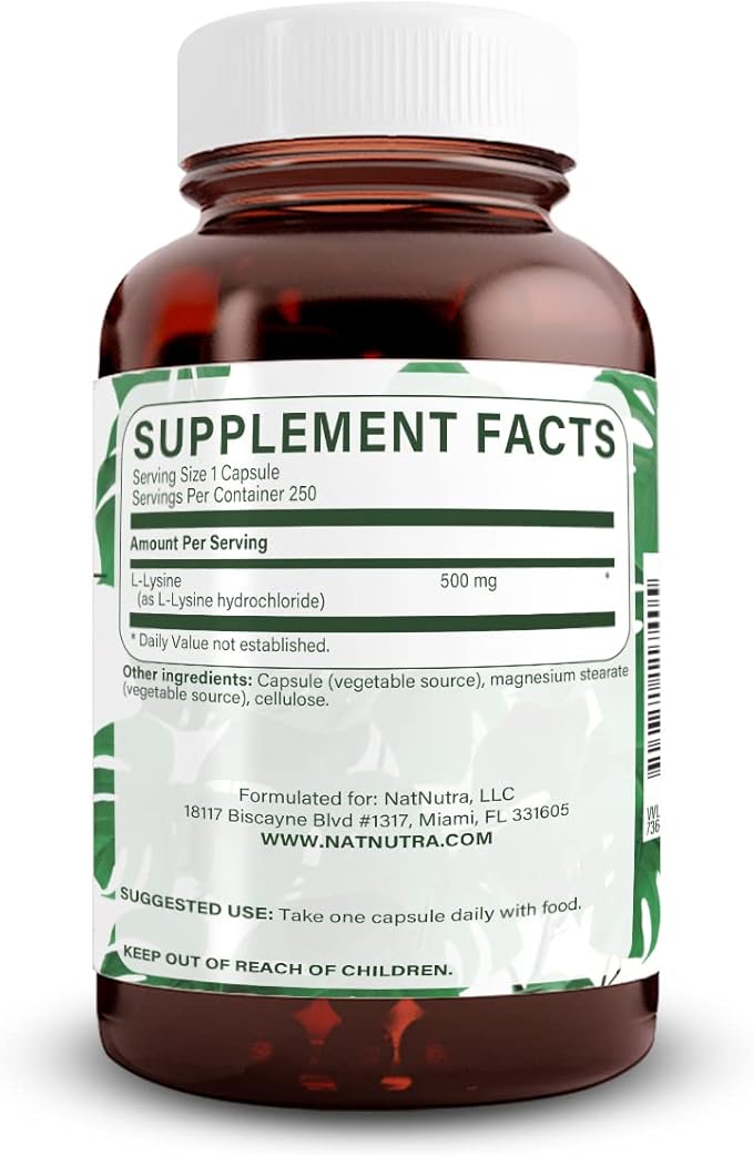 Natural Nutra L Lysine HCl, Promotes Bone Health and Growth, Support Skin Health, Improve Vitamin C Absorption, Helps Built Collagen, Improve Calcium Absorption, Non-GMO, Vegan, 500 mg, 250 Capsules.