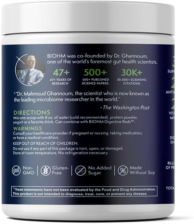 BIOHM Digestive Greens, Green Superfood Powder (7.4 Oz, 30 Servings) Immune & Gut Health Support with Antioxidants, Vitamins, Probiotics & Enzymes, Good Source of Fiber, Berry Flavor