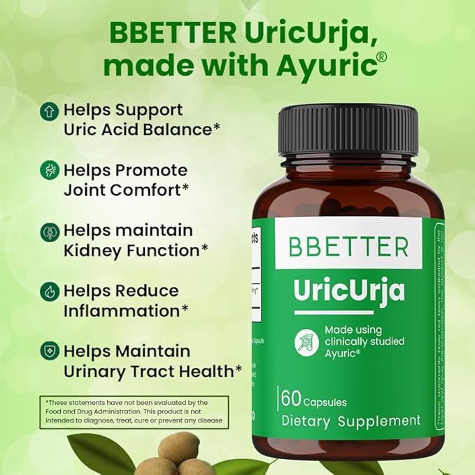 BBETTER UricUrja – Ayurvedic Supplement Uric Acid Support – Made Using Ayuric® – Lab-Tested Herbal Capsules -120 Capsules