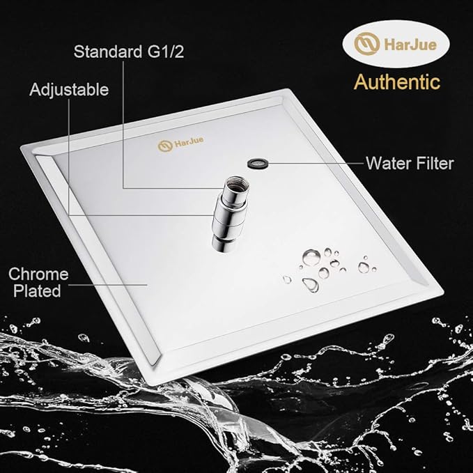 HarJue High Pressure Large Stainless Steel Square Rain ShowerHead With Shower Arm Waterfall Full Body Coverage Easy to Clean and Install (12 Inch With Arm, Chrome Finish)