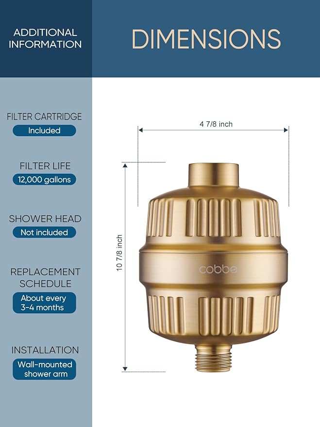 Cobbe HD HEAVY DUTY High Output Shower Filter – 99% REMOVAL Shower Head Filter for Hard Water, Heavy Metals, Chlorine and Harmful Substance, Improve your skin and hair - Brushed Gold