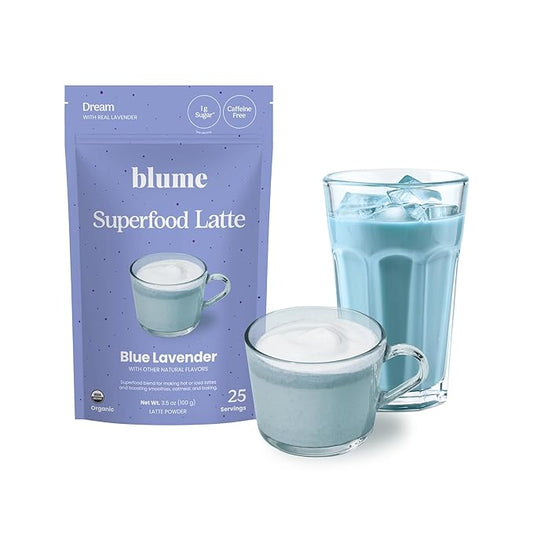 Blume Superfoods Latte - Blue Lavender Powder with Blue Spirulina and Coconut Milk, Caffeine Free, Low-Sugar, Organic, Keto Friendly, Vegan, supports sleep and calmness, Lavender Latte- 25 Servings