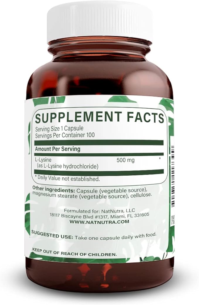Natural Nutra L Lysine HCl, Promotes Bone Health and Growth, Support Skin Health, Improve Vitamin C Absorption, Helps Built Collagen, Improve Calcium Absorption, Non-GMO, Vegan, 500 mg, 100 Capsules.