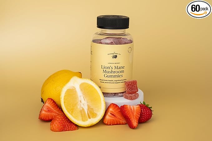 The Elderberry Co. Lion's Mane Mushroom Gummies Made from The Fruiting Body Lemon Berry Flavor Supports Immune Health, and Cognitive Function & Mental Clarity 60 Ct.