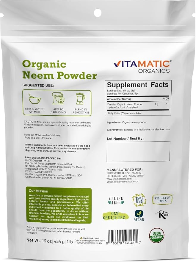 Vitamatic Certified USDA Organic Neem Leaf Powder – 1 lb (16 oz) 100% Pure Azadirachta Indica | Traditional Ayurvedic Herb for Skin, Immune, and Detox Support