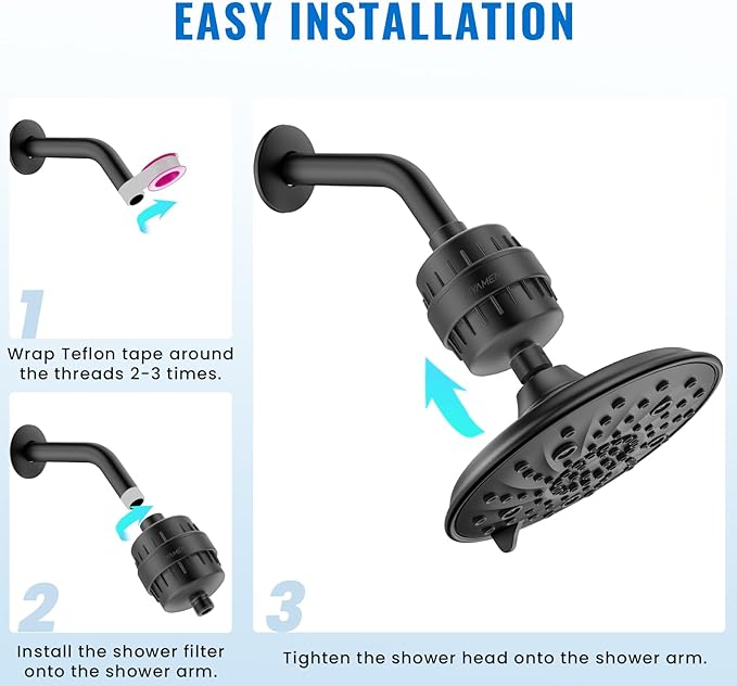 Heavy Duty Shower Filter, Shower Water Filter, 99% REMOVAL Shower Head Filter for Hard Water, Heavy Metals, Chlorine, Enhanced Water Filtration for Healthier Skin and Hair (Black)