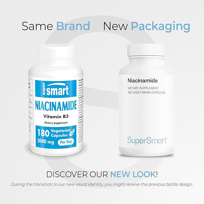 Supersmart - Niacinamide Supplement 2000mg per Day (Nicotinamide) - Flush Free Vitamin B3 Niacin | Non-GMO & Gluten Free - 180 Vegetarian Capsules