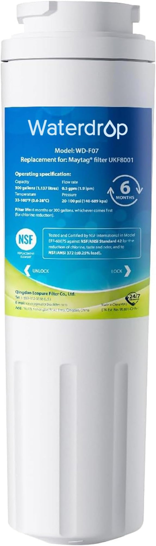 Waterdrop EDR4RXD1 Refrigerator Water Filter,Replacement for EveryDrop® Filter 4, Whirlpool® UKF8001, 4396395, Maytag® UKF8001AXX-200, UKF8001AXX-750, Kenmore® 46-9006, WD-F07 (Package May Vary)