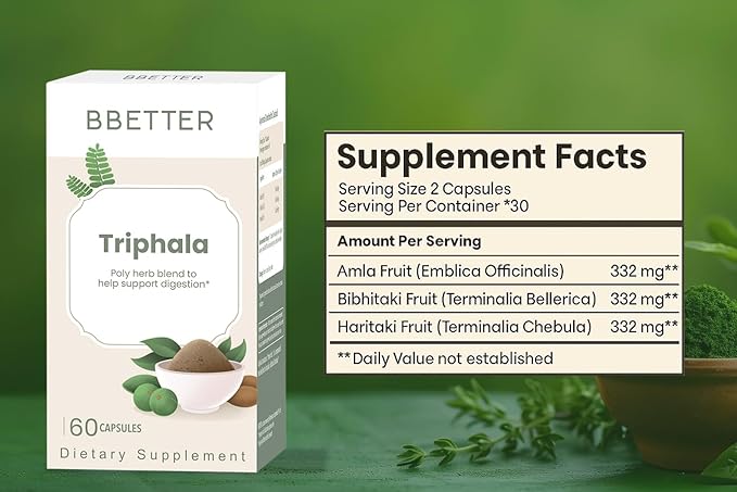 BBETTER Triphala – Ayurvedic Herbal Supplement with Amla, Haritaki & Bibhitaki for Occasional Constipation & Bloating – Supports Digestion, Healthy Bowel Function, Colon Cleanse & Detox -180 Capsules