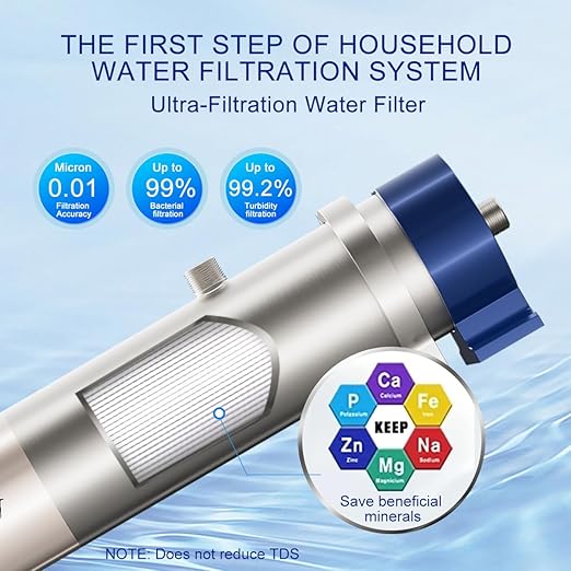 Under Sink Water Filter Reduces 99.99% of Contaminants Larger Than 0.01μm, 4.4GPM / 26,417 Gal, Reusable Ultra Filtration Membrane with 3-5 Year Lifespan for Well & City Water- UF2
