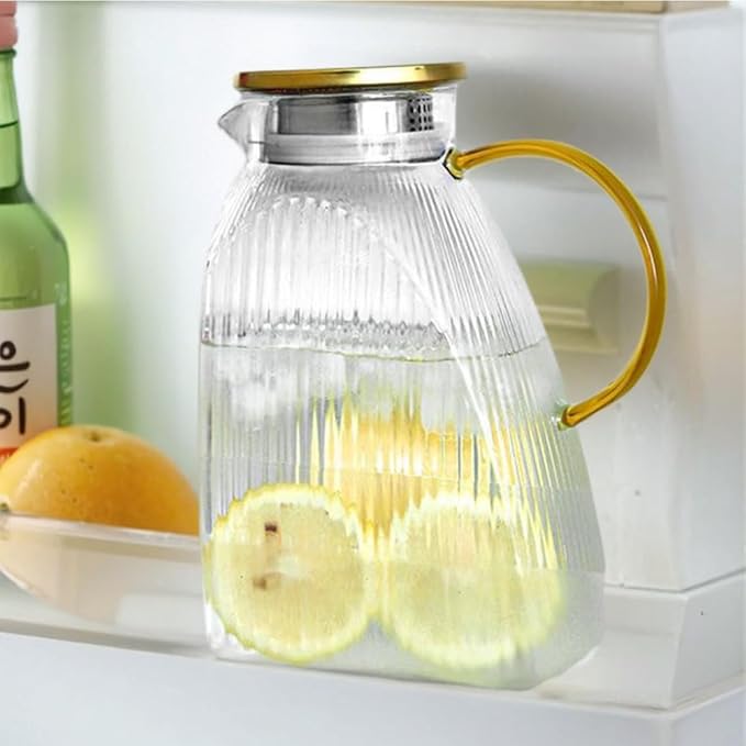 Glass Pitcher with Stainless Steel Gold Lid - 1.5L Ideal Fridge Door Water Pitcher for Hot or Cold Beverage, Iced Tea, Juice, Milk, Coffee, Lemonade