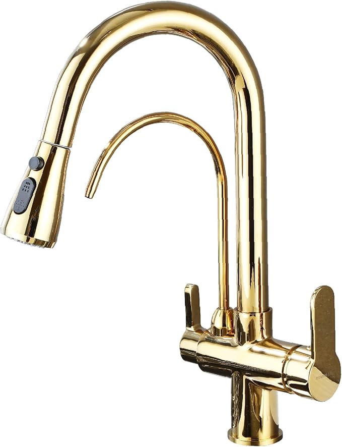 HUAHUALALA Kitchen Sink Faucet with Pull Down Sprayer 2 Handle 3 in 1 Water Filter Purifier Faucets, Brass Drinking Water Faucet Reverse Osmosis Gold