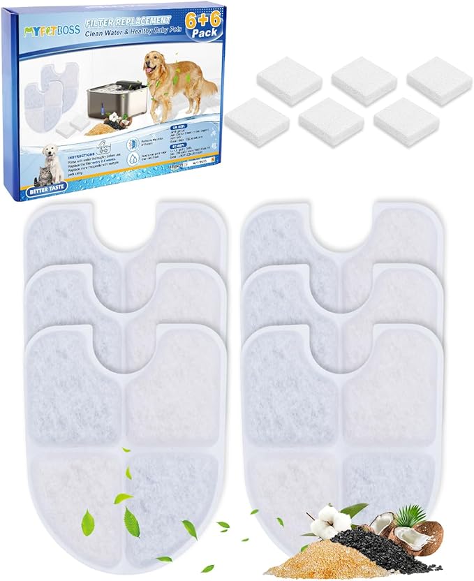 Dog Water Filter Replacement Compatible with FEELNEEDY 3 Gal/12L Stainless Steel Dog Fountain Water Bowl, 6PCS Pet Cat Filters & 6PCS Sponge Pump Filters for 3 Gallon Water Dispenser
