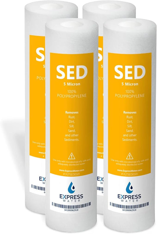 Express Water – 4 Pack Sediment Water Filter Replacement – 5 Micron, High Capacity – 10 inch – Under Sink and Reverse Osmosis System Filters (Model: FLTSED0504)