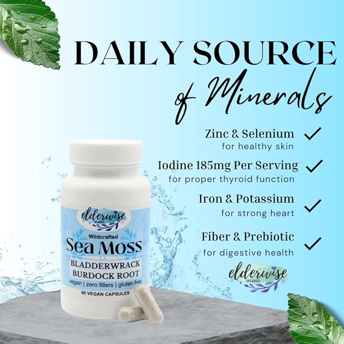 Elderwise Organics Sea Moss Capsules - Sea Moss with Burdockroot & Bladderwrack - Superfood Supplement with Raw Sea Moss - 60 Vegan Capsules - 30 Day Supply - Dosage 2 a Day - 1400 mg