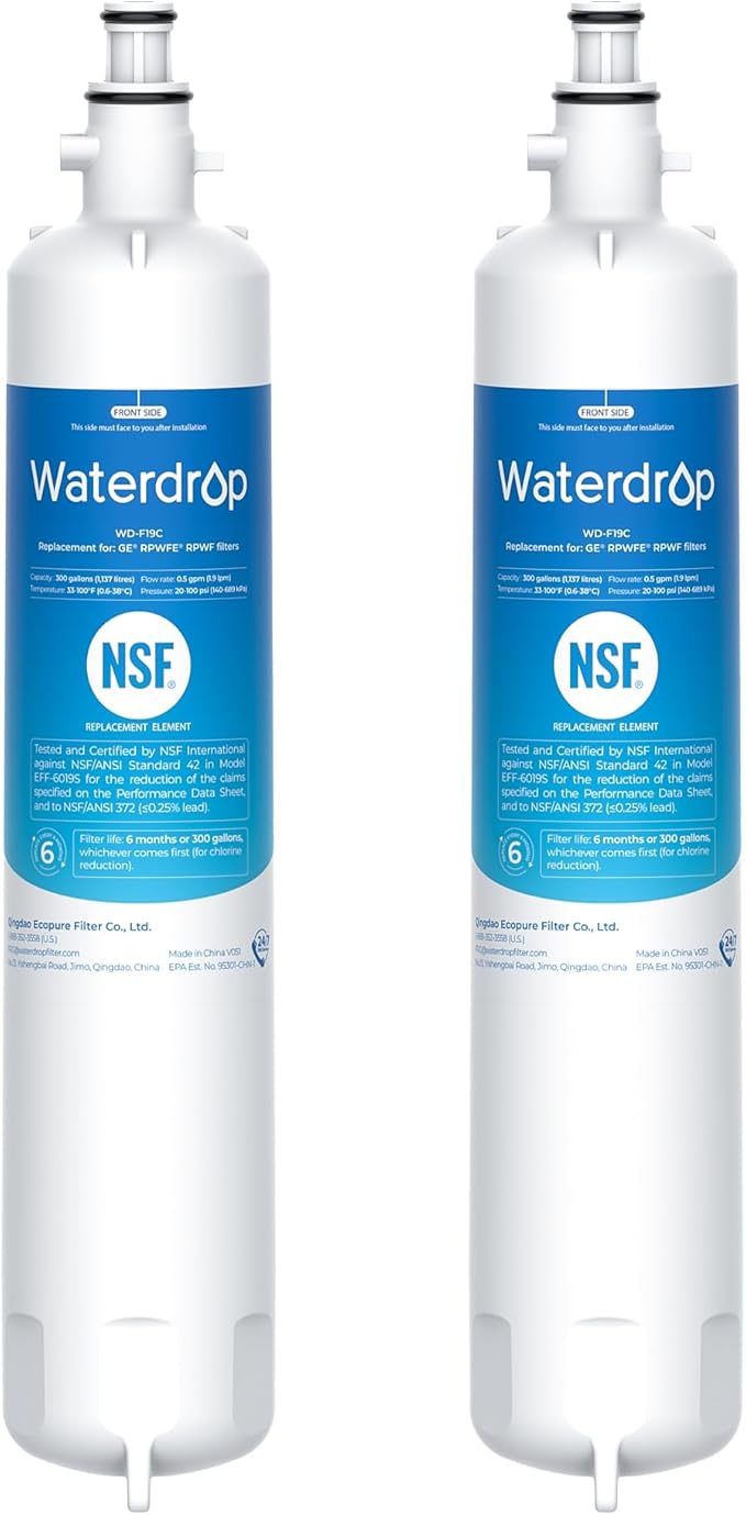 Waterdrop Replacement for GE® RPWFE®, RPWF (Built-in CHIP) Refrigerator Water Filter, Compatible with GFE28GYNFS, GFE28GELDS, PFE28KELDS, PFE28KYNFS, GFD28GELDS, PWE23KELDS, 2 Filters