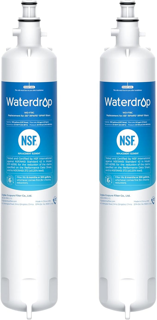 Waterdrop Replacement for GE® RPWFE®, RPWF (Built-in CHIP) Refrigerator Water Filter, Compatible with GFE28GYNFS, GFE28GELDS, PFE28KELDS, PFE28KYNFS, GFD28GELDS, PWE23KELDS, 2 Filters