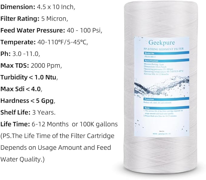 Geekpure 10 Inch String Wound PP Sediment Filter Cartridge for Whole House Water Filtration-4.5" X 10"-5 Micron