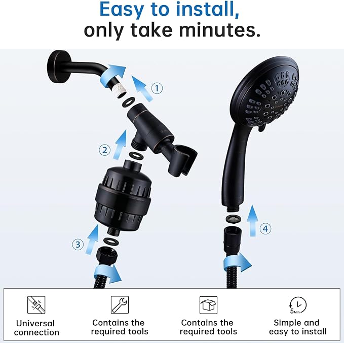 G-Promise Luxury Filtered Handheld Shower Head, Shower Set 6 Spray Showerhead with Effective Filter of 2 Cartridges, Adjustable Metal Bracket, Extra Long Hose (Oil Rubbed Bronze with Filter)