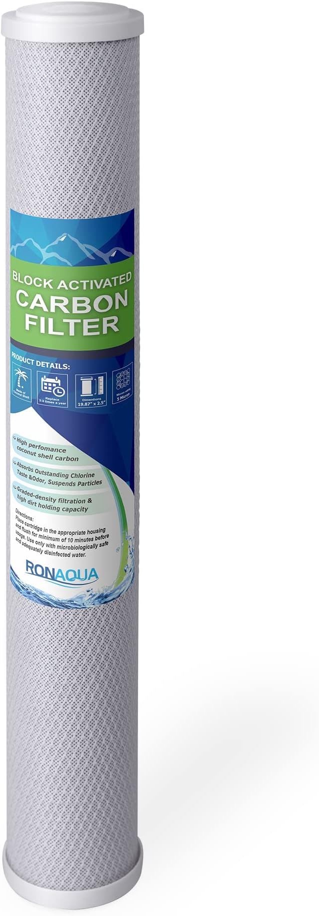 Standard Whole House Coconut Shell Carbon Block 5 Micron Water Filter 20” x 2.5” Fits 20” x 2.5” Housings. Remove Chlorine and Bad Odor. Compatible with C1-20, HX-CB-25-2010, F3WCB32
