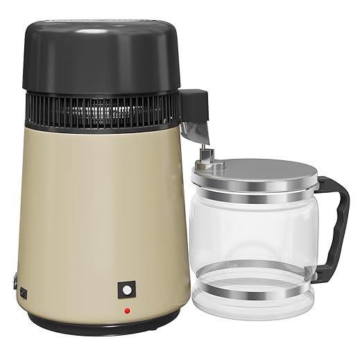 GarveeHome Water Distillers for Home Countertop, 1Gal/4L Stainless Steel Distilled Water Machine with Glass Container, 750W Desktop Drinking Purifier Filter Distilling Kit, Gold