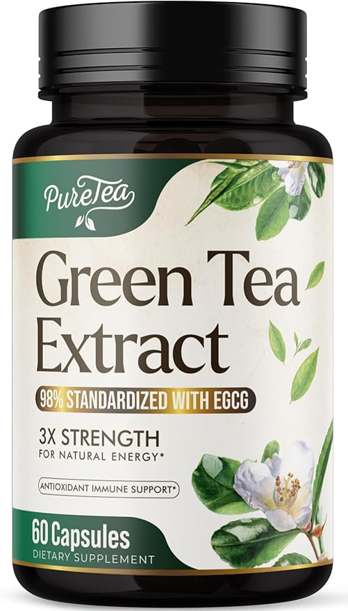 Green Tea Extract Capsules 1000mg with 98% Standardized Polyphenols & 45% EGCG for Heart Support with Antioxidants - 3X Absorption Green Tea Pills for Natural Energy, Gentle Caffeine - 60 Capsules