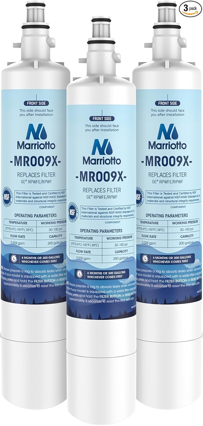 MARRIOTTO Replacement for GE® RPWFE, RPWF (Built-in CHIP) Refrigerator Water Filter, Compatible with GFE28GELDS, PFE28KELDS, PFE28KYNFS, GFD28GELDS, GYE22HMKES, GFE28GYNFS, GFD28GYNFS, Pack of 3