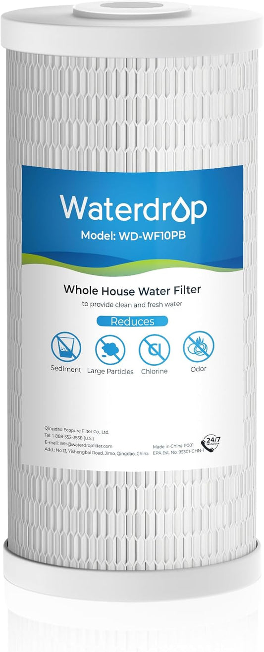 Waterdrop Whole House Water Filter, Sediment Filter, Reduce Chlorine Filter Cartridge, Replacement for GE® FXHTC, GXWH40L, iSpring, Culligan® RFC-BBSA, Whirlpool®, Any 10" x 4.5" System, 5 Micron