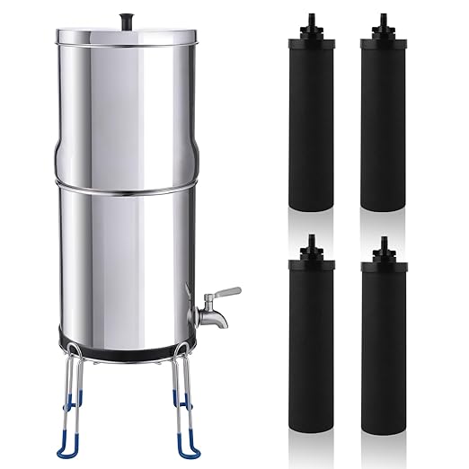 Amwater NSF/ANSI 42&372 Certification 3G Stainless Steel Gravity-Fed Water Filter System, Reduces Lead and up to 99% of Chlorine,with 4 Black Purification Filter, Metal Spigot and 6inch Stand