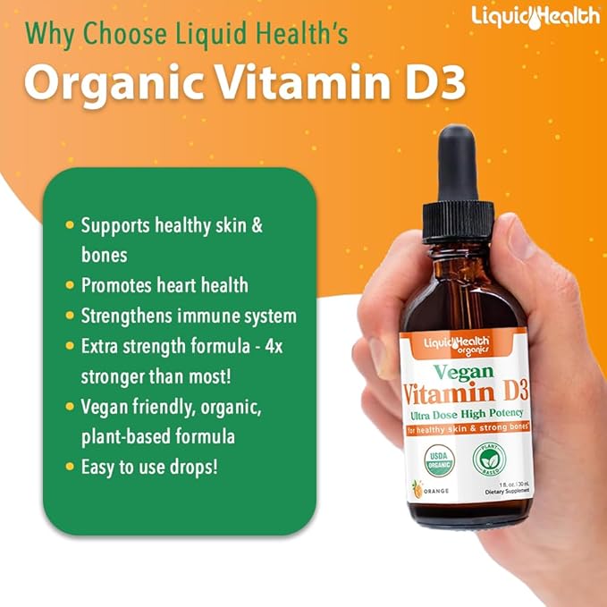 LIQUIDHEALTH Vitamin D3 5000 IU, USDA Organic Vitamin D Liquid Drops for Adults & Kids, Vegan Vitamin D for Immune System Support, Bone Health, Mood Support, Healthy Skin - Made in USA (2 oz)
