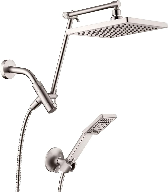 BRIGHT SHOWERS High Pressure Rain Shower Head Combo with Double Extension Arm, 8 Inch Rainfall Shower Head with Handheld Spray, Height Adjustable Dual Square Showerhead Set, Brushed Nickel