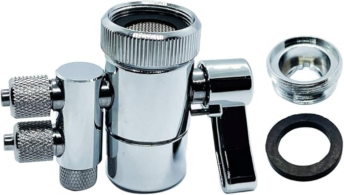 Kitchen Sink Faucet Water Filter Dual Diverter Valve for Push on 1/4 inch Tubing Replacement Part Adapter with M22 X M24 Connector, Brass Body, Chrome Plated Made In Taiwan