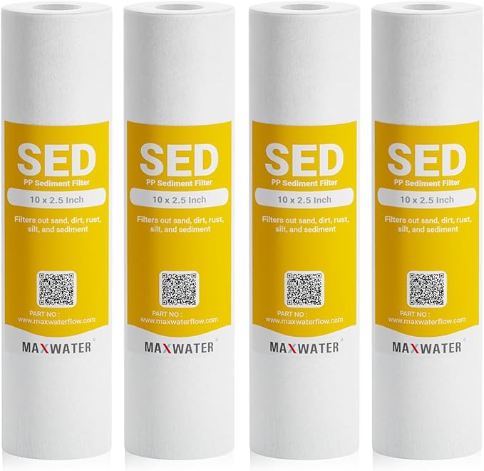 Max Water 5 Micron 10 x 2.5 Whole House Sediment Home Water Filter Cartridge Replacement for RO system Compatible with Well Water Filters - P5, AP110, WHKF-GD05, WFPFC5002, CFS10, 4 Pack