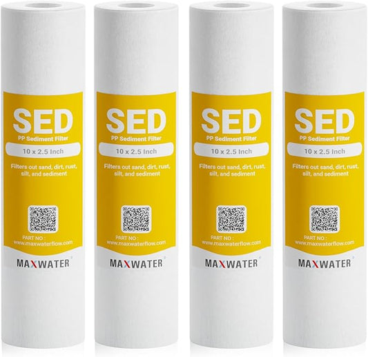 Max Water 5 Micron 10 x 2.5 Whole House Sediment Home Water Filter Cartridge Replacement for RO system Compatible with Well Water Filters - P5, AP110, WHKF-GD05, WFPFC5002, CFS10, 4 Pack
