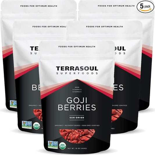 Terrasoul Superfoods Organic Goji Berries, 5 Lbs (5 pack) - Large Size | Chewy Texture | Premium Quality | Lab-Tested