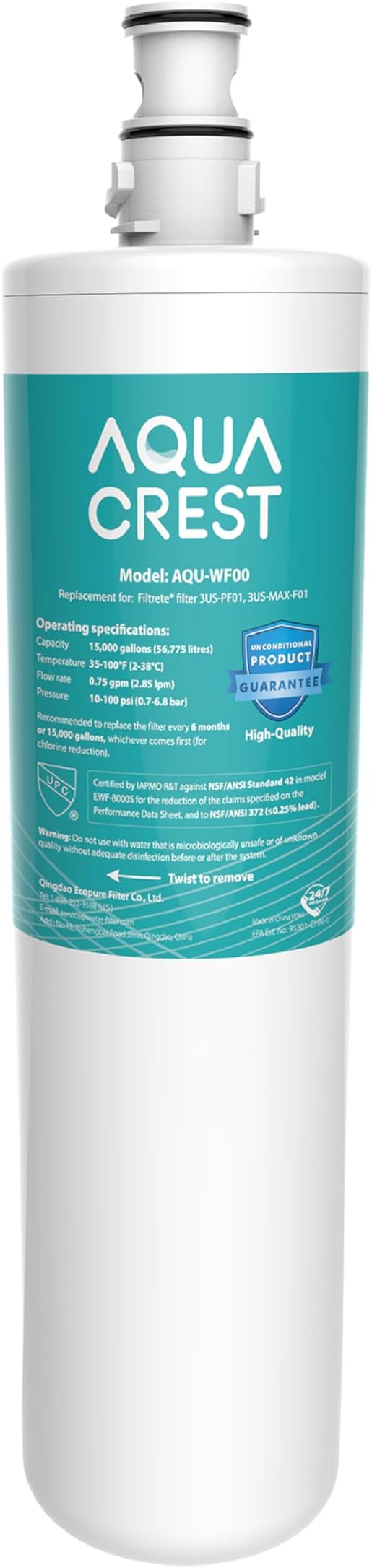 AQUA CREST 3US-PF01 3US-MAX-F01 Replacement Filter, NSF/ANSI 42 Certified Replacement for Filtrete® 3US-PF01, 3US-MAX-F01, 3US-PS01, Delta RP78702, Manitowoc K-00337, HF20 HF25 HF27 Water Filter