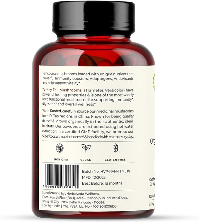 ROOTED Active's Turkey Tail Mushroom Extract Capsules (60 Veg Caps, 500 mg) | Heart Health, Stress Relief, Liver. USDA Organic, 35% Beta Glucans, Certified Organic