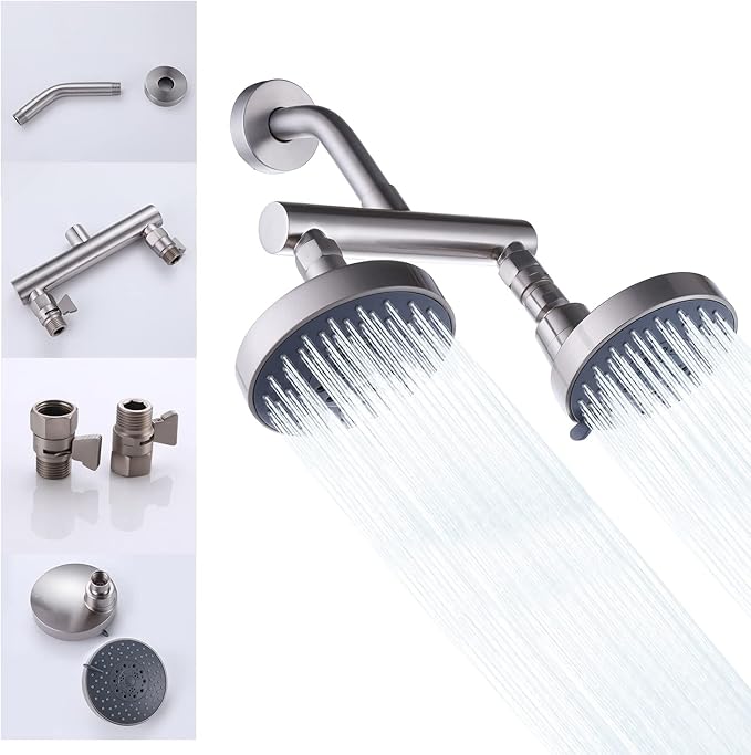 AZOS Double Shower Head with Shut-Off Valve, Bathathroom High Pressure Dual Fixed Rain Shower Head Combo with Brass Dual Outlet Manifold, Adjustable 5 Function Showerhead Brushed Nickel