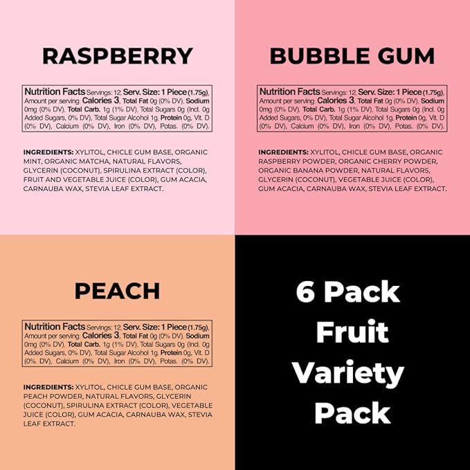 Refresh Gum, Xylitol, Natural, Sugar Free, Aspartame Free, Plastic Free, Natural Flavors & Organic Ingredients, Non GMO, Gluten Free, Vegan, 12 Count (Pack of 6), Fruit Variety Pack