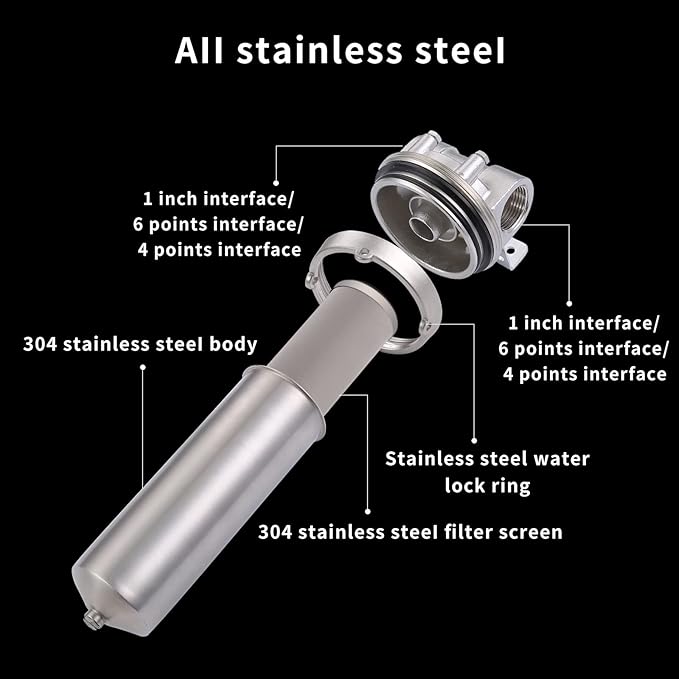 Amwater NSF/ANSI 42 Certification Stainless Steel Filter Housing for 10" Filter Cartridge, 1/2NPT Water Filter Housing for Whole House Water Purification of Stainless Steel 304