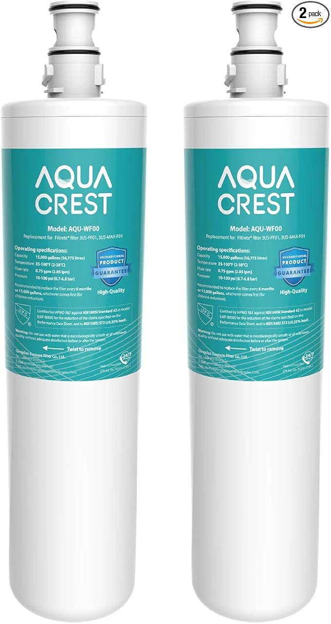 AQUA CREST 3US-PF01 3US-MAX-F01 Replacement Filter, NSF/ANSI 42 Certified Replacement for Filtrete® 3US-PF01, 3US-MAX-F01H, 3US-PS01, Delta RP78702, Manitowoc K-00338, HF20 HF25 Water Filter, 2 Pack