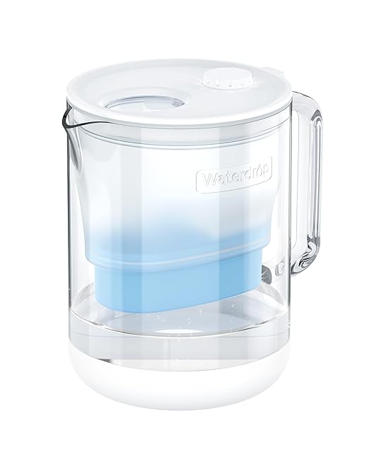 Waterdrop Glass Alkaline Water Filter Pitcher with 1 Filter, Enhances Alkaline Water, Eco-Friendly, 7-Cup, for Home & Office, Reduces PFOA/PFOS, Chlorine, Cadmium, Copper, Mercury, Clear, WD-PT-72C-A