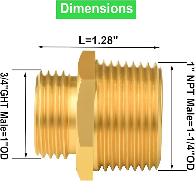 3/4" GHT Male x 1" NPT Male Garden Hose Adapters, Brass Garden Hose Repair Fittings, Water Hose Connector (2 PCS 3/4" GHT Male x 1" NPT Male)