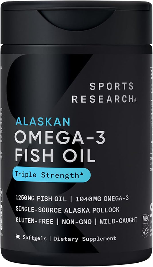 Sports Research Triple Strength Omega 3 Fish Oil - Burpless Fish Oil Supplement w/EPA & DHA Fatty Acids from Single-Source Wild Alaskan Pollock - 1250 mg, 90 ct