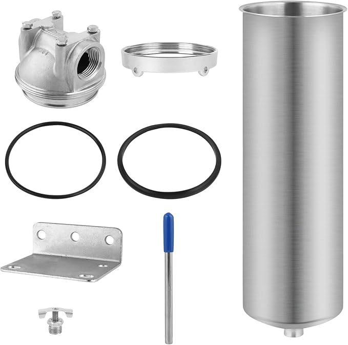 Amwater NSF/ANSI 42 Stainless Steel Whole House Water Filter Housing, 10" x 2.5" Sediment Water Filter System for Heavy Duty, Well & City Water, 1" NPT Port, Drain Valve Style A