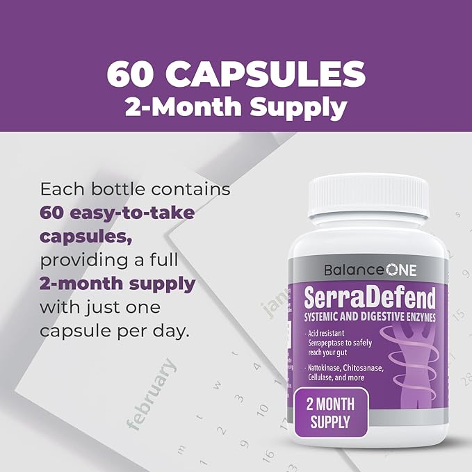 Balance ONE Biofilm Defense with Proteolytic & Digestive Enzymes for Men & Women - Serrapeptase, Nattokinase, Protease, Cellulase - 60 Capsules, 2 Month Supply - SerraDefend