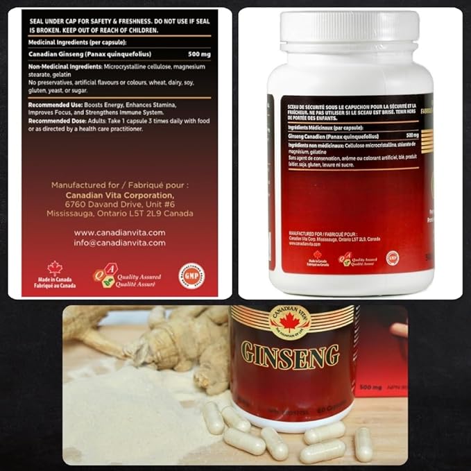 Ginseng Supplement 500mg - 60 Capsules - Pure Canadian Ginseng Root Powder - Energy | Focus | Immune Support - Authentic Ontario Farm Ginseng