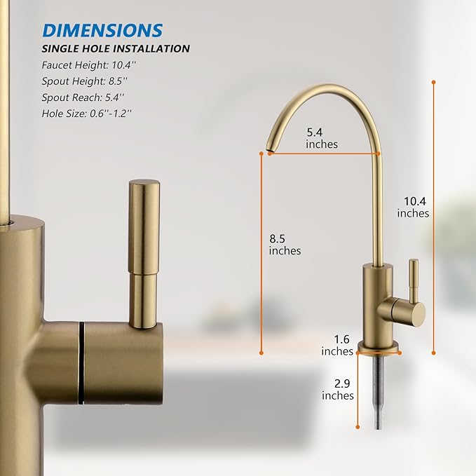 WEWE Drinking Water Faucet for Kitchen Sink, Gold Kitchen Water Filter Faucet Stainless Steel for Reverse Osmosis or Water Filtration System Beverage Non-Air Gap RO Faucet Gold Finish